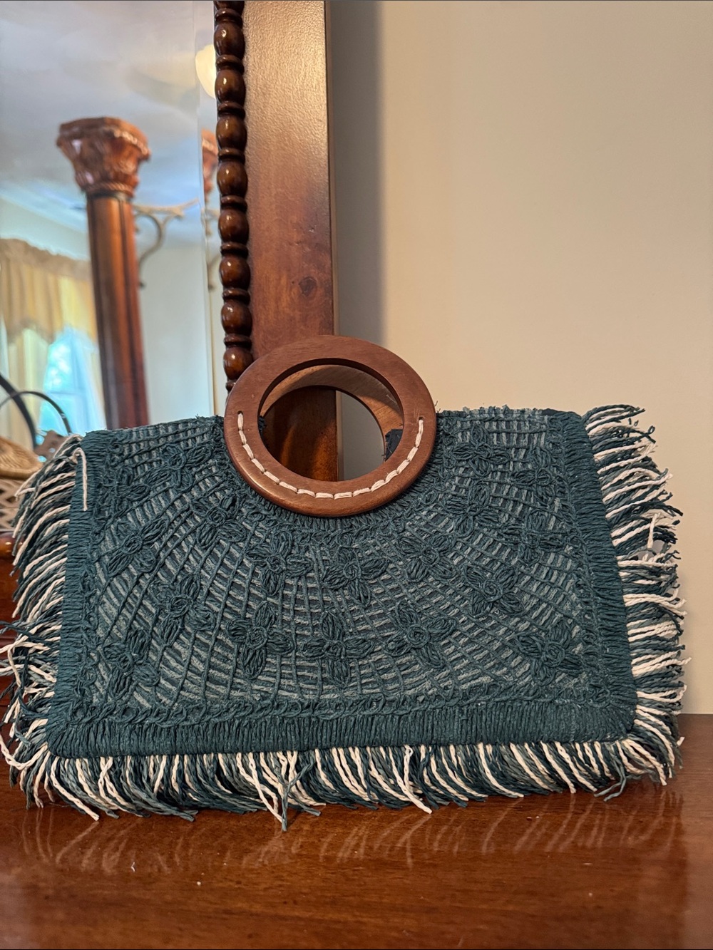 Zara Teal Macrame Clutch with Brown Wooden Handle